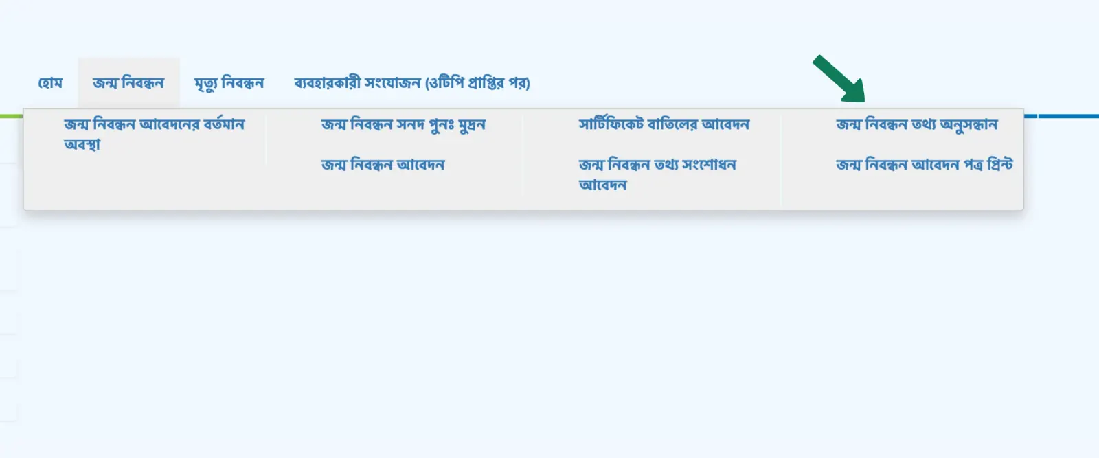 BDRIS website menu showing the Birth Registration Information Search option for birth certificate check