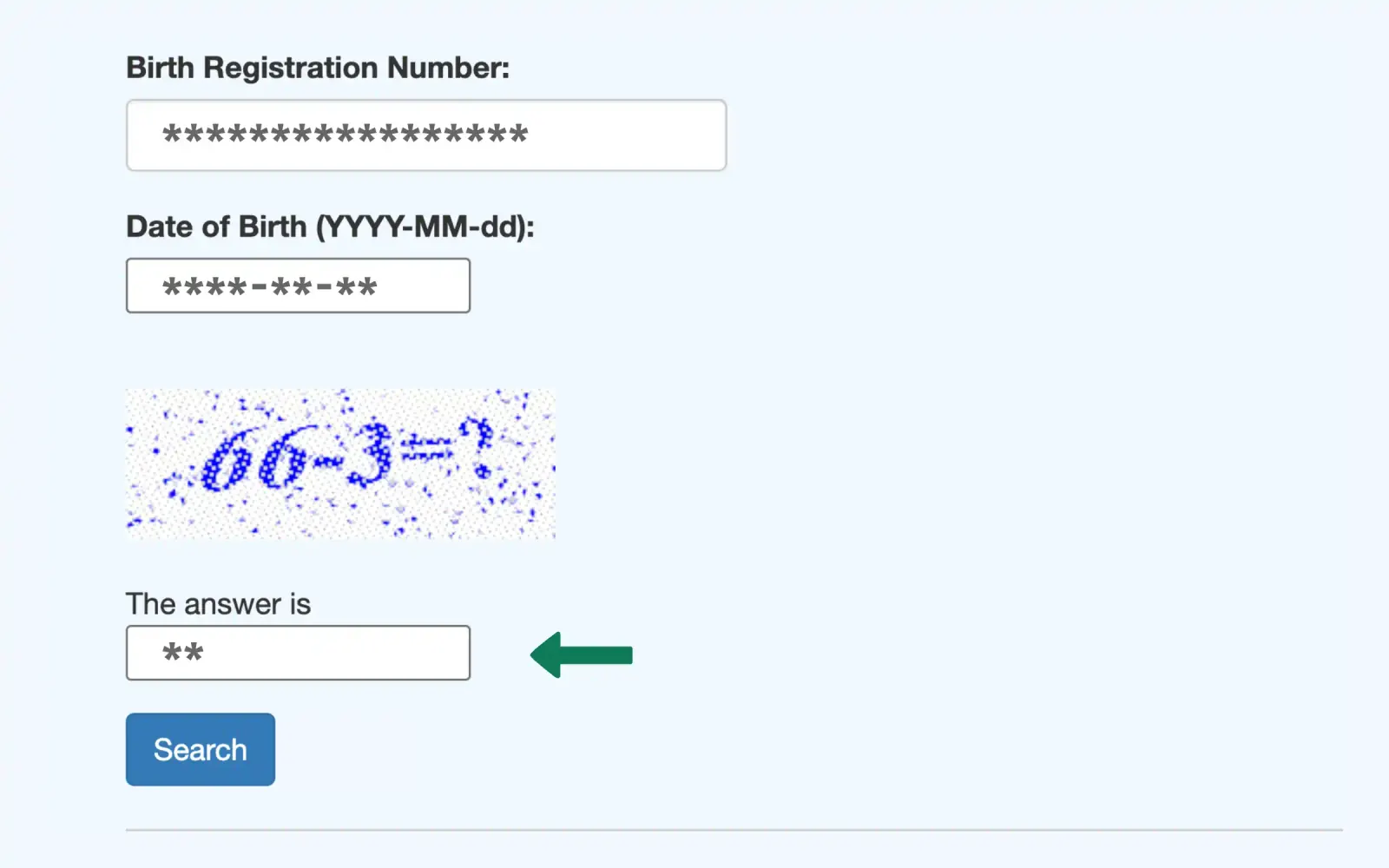 Typing the CAPTCHA sum answer in The answer is box on the BDRIS birth registration search form