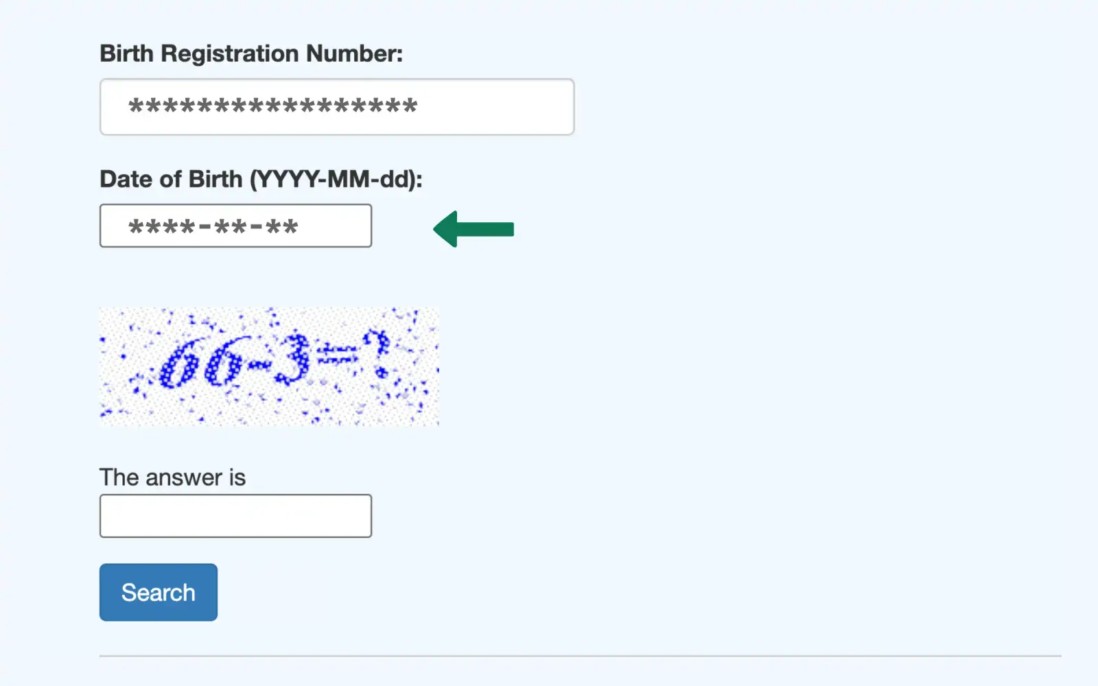Entering the date of birth in YYYY-MM-DD format on the BDRIS birth certificate verification form