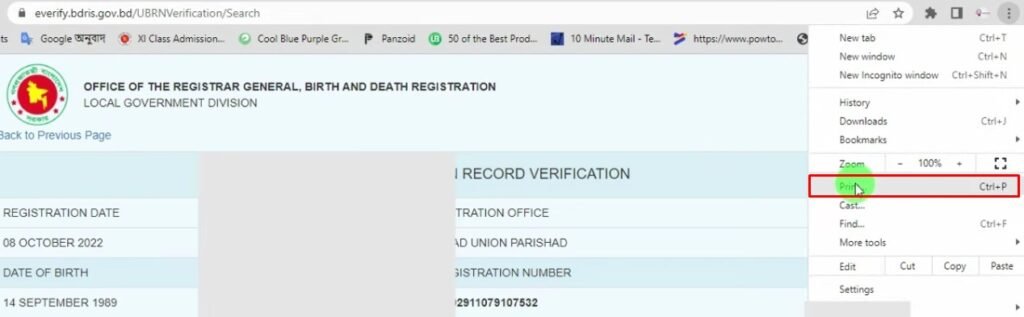 Birth Record Verification Page with Print Button